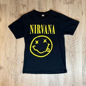Vtg Mexico Boot Nirvana Smiley Face Logo T-Shirt Black Yellow Grunge Rock Tee
